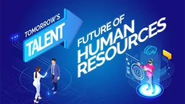 Graphic illustrating future of human resources with digital elements.