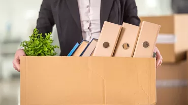 Person holding a box with folders, books, and a plant.